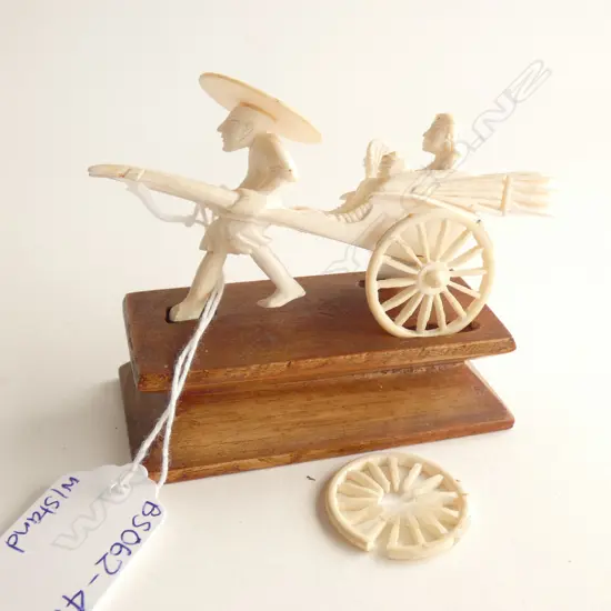 CARVED BONE ORIENTAL JUNK (A/F) ON WOODEN STAND L. 100MM