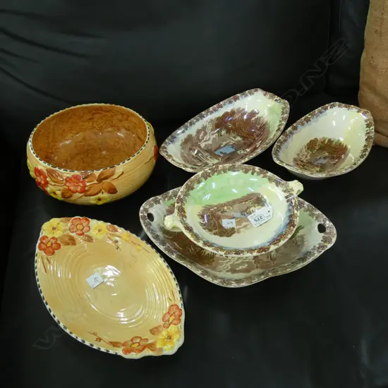 6 PCES MALING; 4 CASTLE SCENE; 3 BOWLS & COMPORT 170mm dia + 2 BROWN PCES