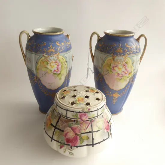 PR LG JAPANESE PAINTED VASES (H.270MM) 1 A/F & OLD CERAMIC ROSE BOWL DIA 190MM (19790)
