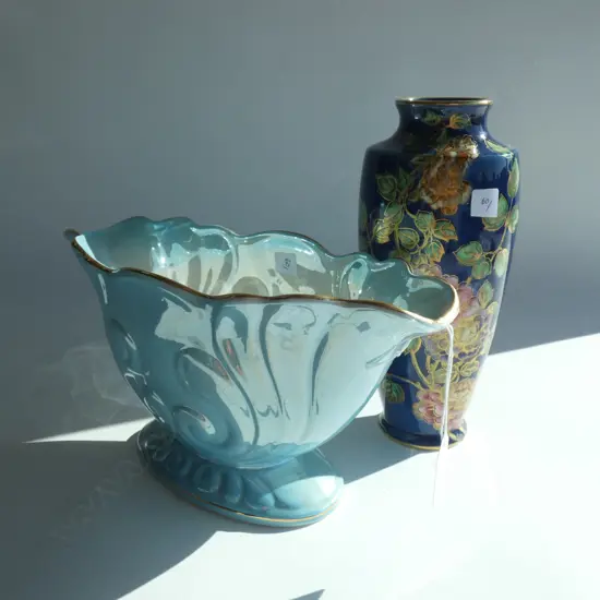 2 BLUE MALING VASES, TALL AF & FAN W.290mm