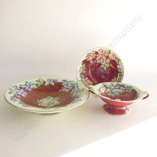 3 PCES RED MALING; LARGE BOWL 275mm dia, PLATE & COMPORT