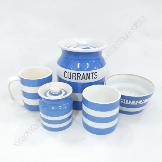 T G GREEN CORNISHWARE; 2 CANISTERS (LARGEST H 160MM) BUTTER DISH / MUG & CUP