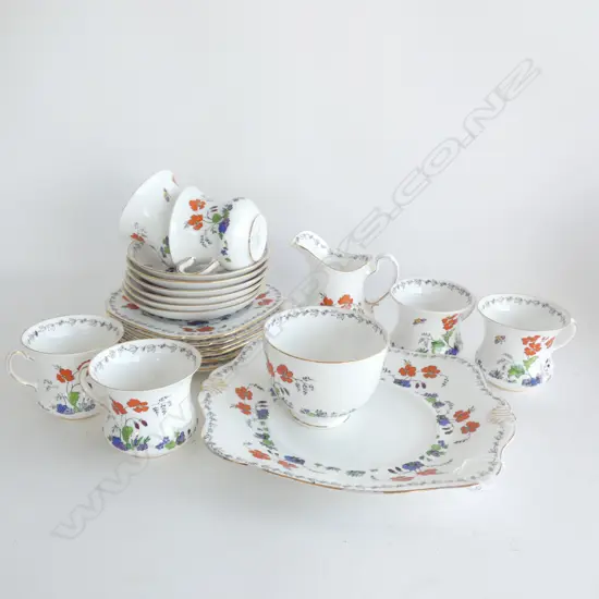 TUSCAN HAND ENAMELLED TEASET 21 PC (6 TRIOS/PLATE/ JUG/SUGAR BOWL) 