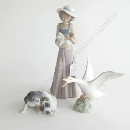 3 FIGURINES; ROYAL COPENHAGEN PUPPIES / NAO GIRL WITH PUPPY (H 250MM) & LLADRO GOOSE 