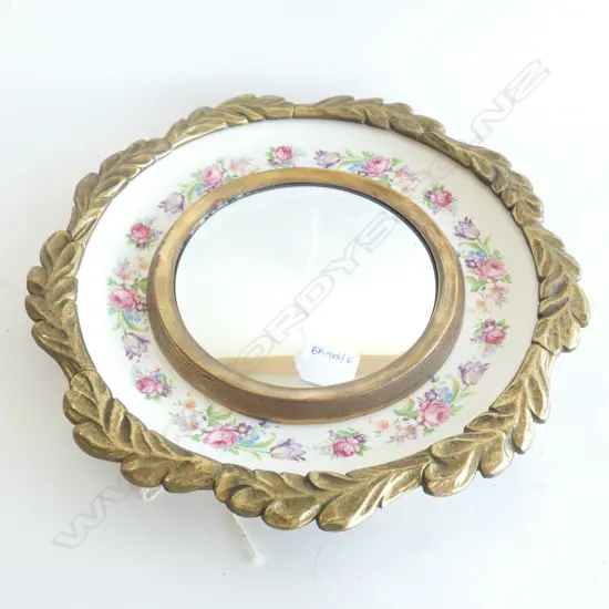 PORCELAIN & BRASS FRAMED CONVEX MIRROR 340mm dia