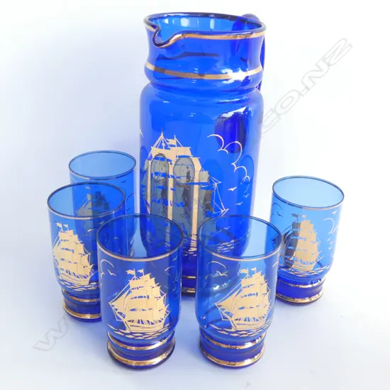 6 PCE VINTAGE BLUE GLASS WATER SET