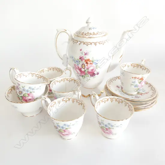 14 PCE CROWN STAFFORDSHIRE COFFEE SET; 5 DUOS (1 AF), SAUCER, MILK, SUGAR + COFFEE POT