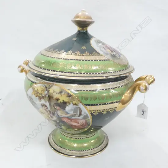 LG ROYAL VIENNA  TUREEN DECORATED W  NEOCLASSICAL FIGURES ON GOLD & GREEN BACKGROUND  DIA 230 H370MM