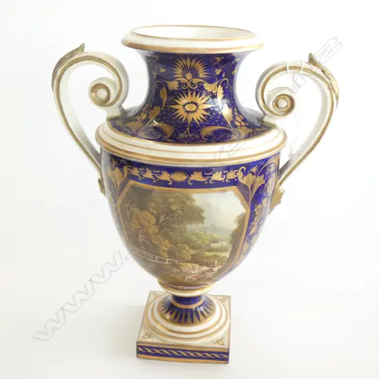 19thC DERBY URN 'VIEW IN NORTH WALES' H.285mm