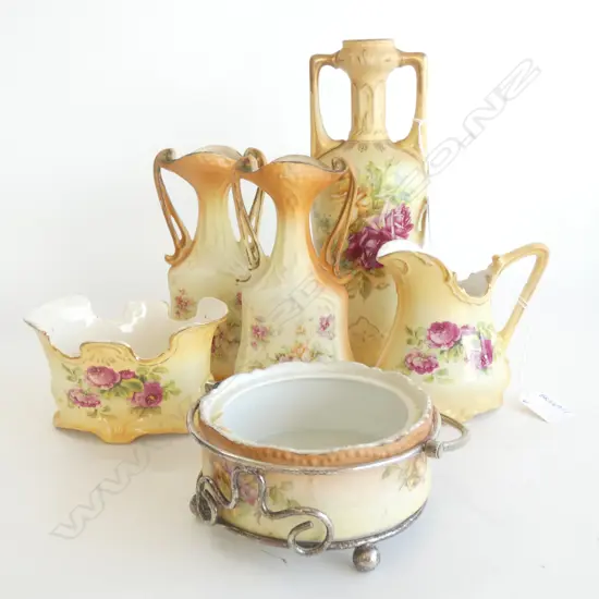 6 PCS VINTAGE BLUSH WARE PCS; 3 VASES (TALLEST H240MM) JUG, BOWL & DISH...