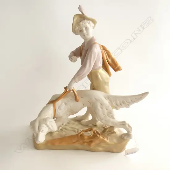 (16157) HAND PAINTED ROYAL DUX BISQUE BOY WALKING DOG  H. 360MM