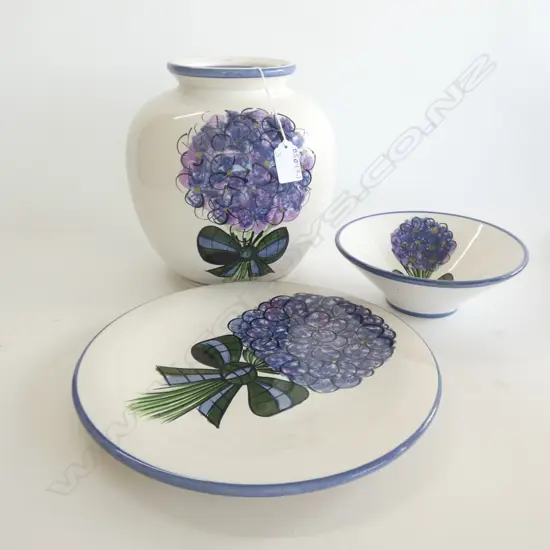 3 CHRISTOPHER VINE POTTERY PCS;  LG VASE (H 240MM) PLATE & BOWL