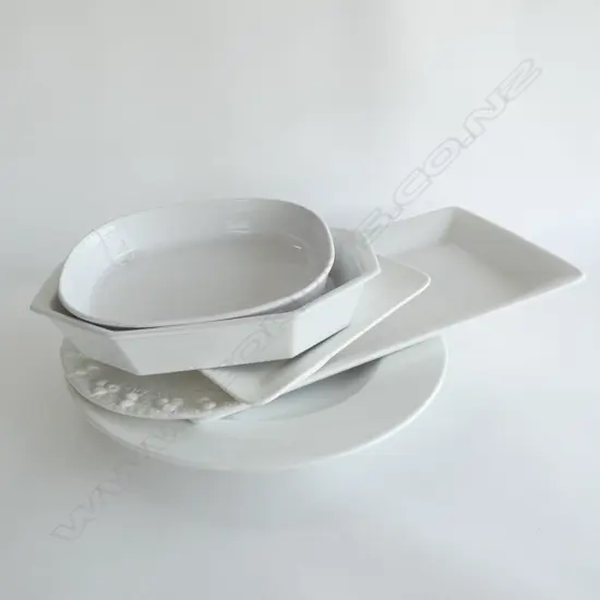 6 LG WHITE SERVING PLATTERS & DISHES; LARGEST DIA  450MM