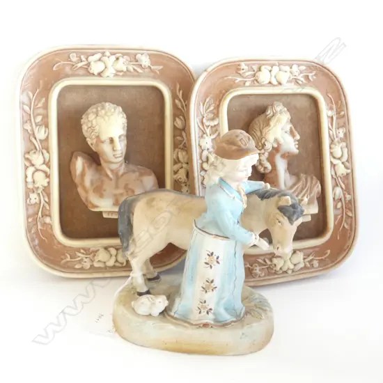 PR CAMEO STYLE FRAMES WITH 3D GREEK GODS; APOLLO & HERMES 190 X 240MM & VTG BISQUE FIGURE GIRL & HORSE H. 190MM