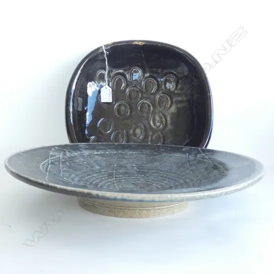 2 LG NZ POTTERY DISHES; DON THORLEY (DIA  300MM) + 1 OTHER DIA  375MM)