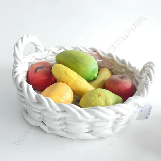 WHITE PORCELAIN BASKET OF CERAMIC FRUIT  DIA  260MM
