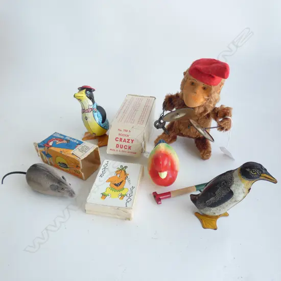 VINTAGE TIN PLATE TOYS ETC; INCL NON PC PLAYING CARDS / MOUSE/ CRAZY ROCKING DUCK / MONKEY WITH CYMBALS ETC.