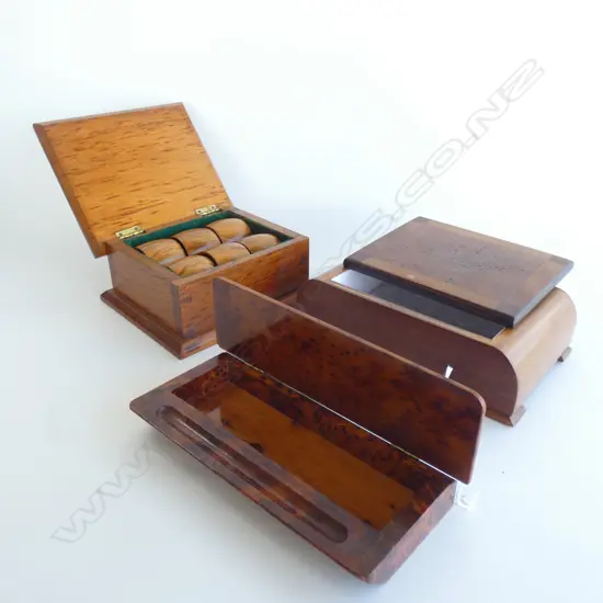 3 NATIVE TIMBER BOXES; 1 w. NAPKIN RINGS