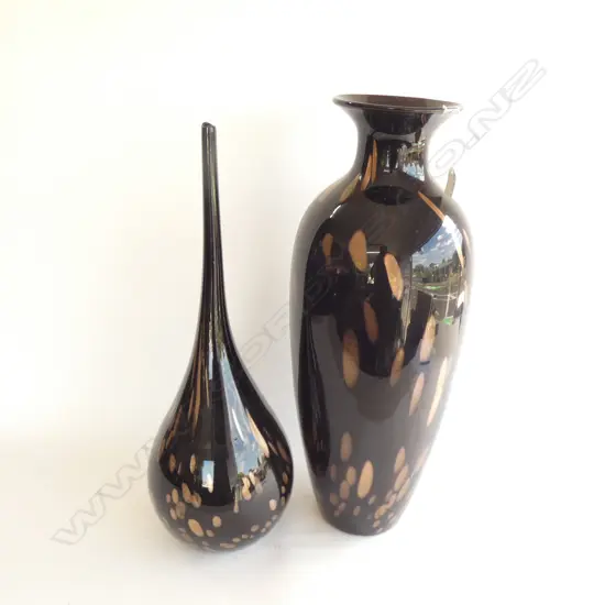 2 TALL BLACK ART GLASS FLOOR VASES w. METALLIC COPPER INCLUSIONS H.650mm