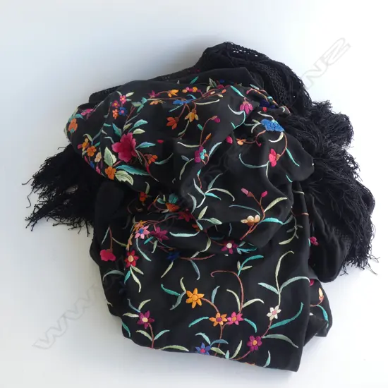LG VINTAGE SILK FRINGED SHAWL - BLACK WITH BRIGHT FLORAL EMBOIDERED DESIGN 