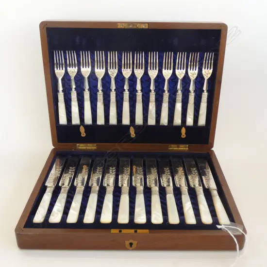 (16141) 24PC FISH CUTLERY SET; PEARL HANDLES ENGRAVED BLADES - IN WOODEN DISPLAY BOX 