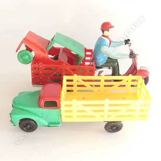 3 OLD PLASTIC / TINPLATE TOYS; 1970'S SCOOTER & TRAILER  (L210MM) PUSH & GO TRUCK & US ARMY TRUCK