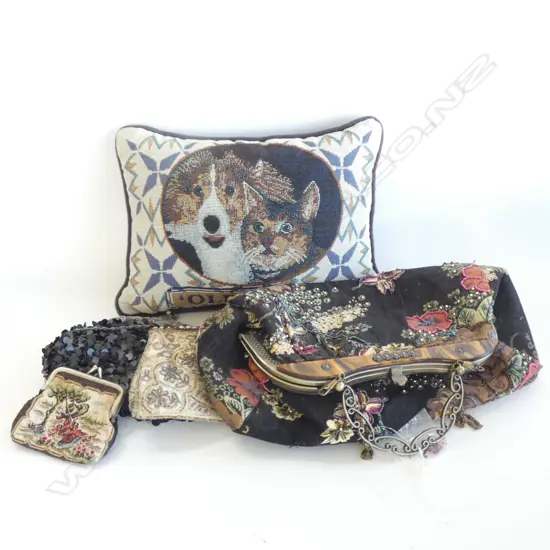 BEADED HANDBAG & 2 PURSES + TAPESTRY PURSE & CUSHION  L 300MM