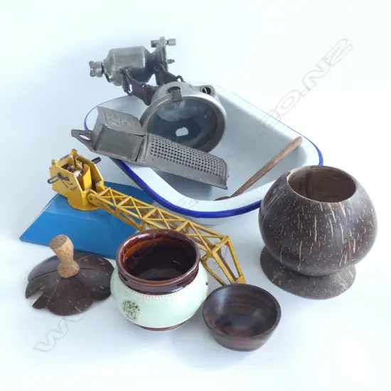 BOX LOT ENAMEL BAKING DISH, TOY CRANE, COCONUT ETC