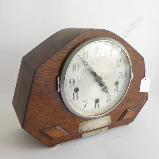WOODEN ENFIELD  MANTLE CLOCK L 290MM  ENGAVED PLAQUE DATED 1937