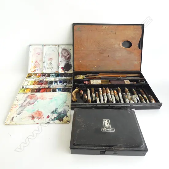 3 VINTAGE BLACK METAL PAINT BOXES