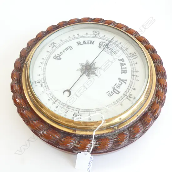 (16169) WOODEN FRAMED BAROMETER DIA  270MM  FACE HAS REPAIR