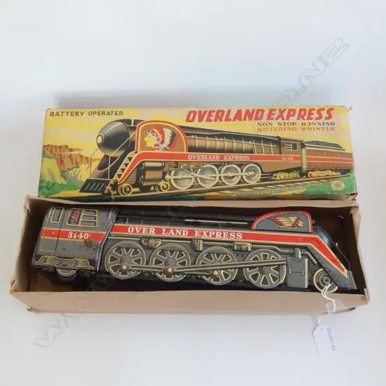 (TGA27) OVERLAND EXPRESS TIN PLATE TRAIN - BATTERY OPERATED - IN ORIGINAL BOX - HAS SOME WEAR & TEAR