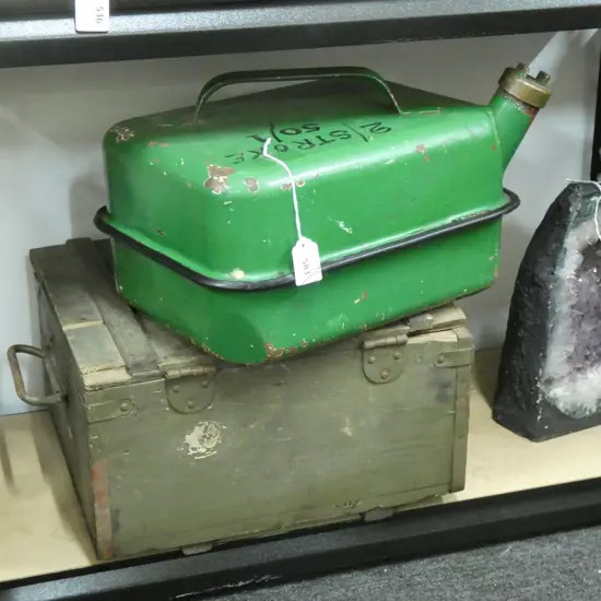WOODEN AMMO. BOX + GREEN PAINTED LESCO 10L FUEL CAN W.330mm