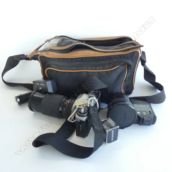 OLYMPUS OM10 CAMERA + LENSES ETC, CASED 