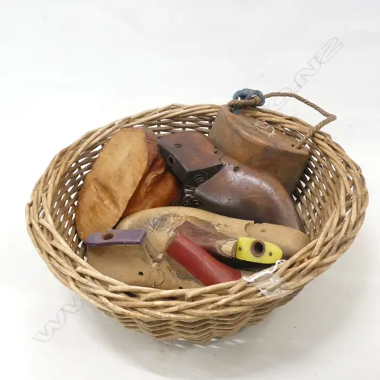 BOX LOT WOODEN SHOE LASTS, COW BELL ETC