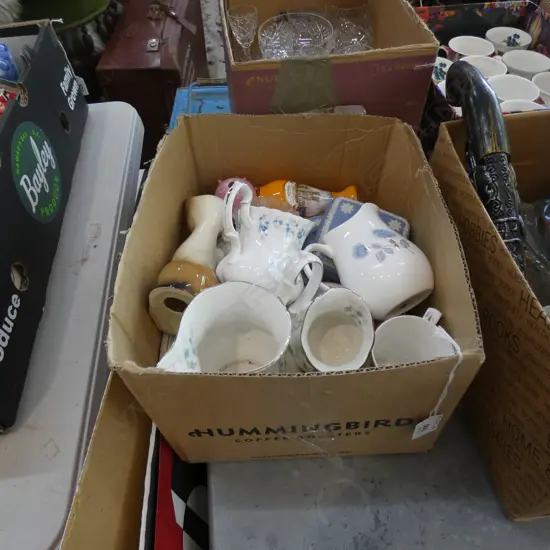 SM BOX LOT CHINA & COLLECTABLES; RA JUGS; VICTORIAN GLASS ETC..