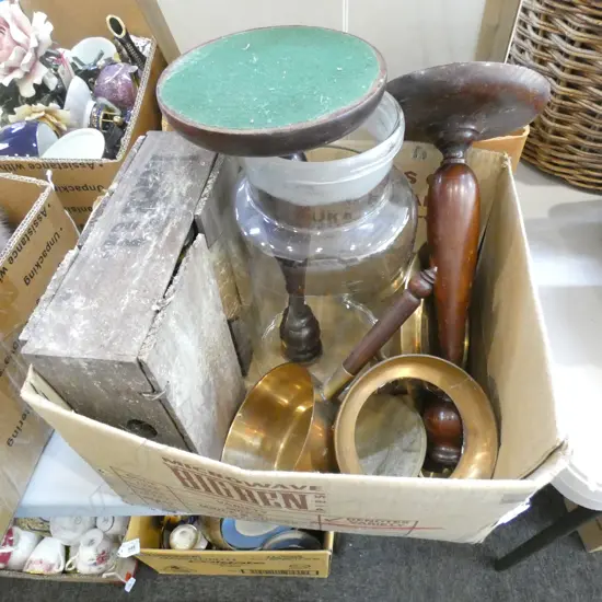 BOX LOT CANDLESTICKS, JAR ETC