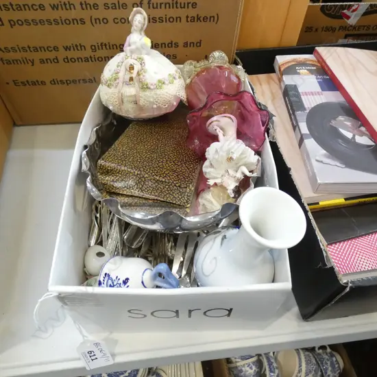 BOX LOT ASST. CUTLERY, CRANBERRY VASE, DRESDEN ETC