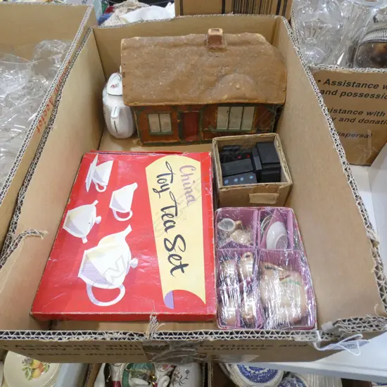 BOX VINTAGE TOYS;  OLD CHINA TEASETS / DOMINOES / PAPIER MACHE HOUSE ETC.