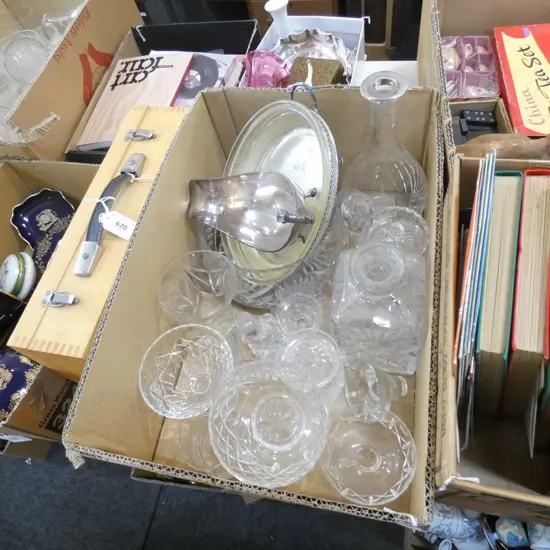 BOX ASST GLASS & SILVER PLATE; GLASS DECANTERS ETC.