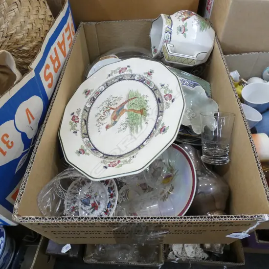 BOX ASST INCL SILVER PLATE CUTLERY / DISHES / JUGS + GLASS / POTTERY  ETC..
