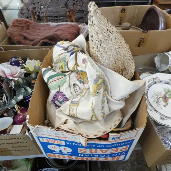 BOX LOT MASKS, CREWEL WORK PANEL ETC