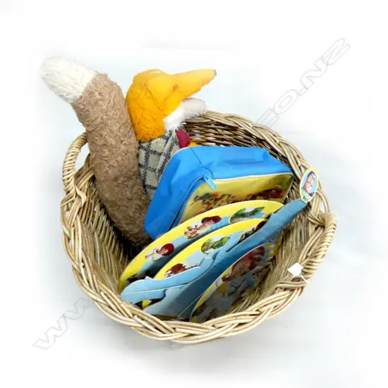 CANE BASKET OF COLLECTABLE TOYS; WOMBLES / BASIL BRUSH / BUZZY BEE & NODDY PUZZLES ETC...