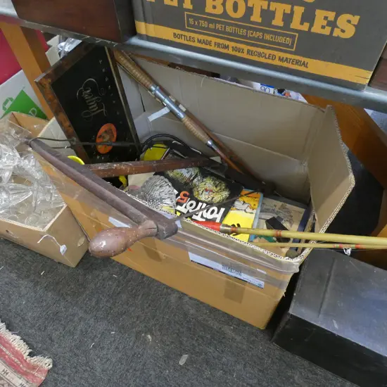 BOX LOT FISHING RODS, SAW, FOOTROT FLATS ETC