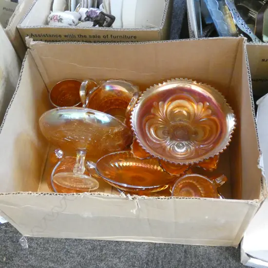 (20134) BOX LOT ASST CARNIVAL GLASS; BOWLS, JUGS ETC..