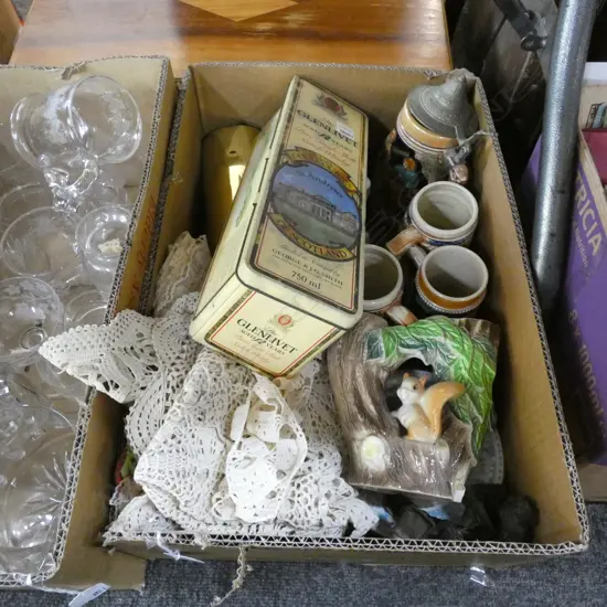 BOX LOT ASST CHINA & COLLECTABLES / LINEN ETC. INCL BRASS SHELL CASE