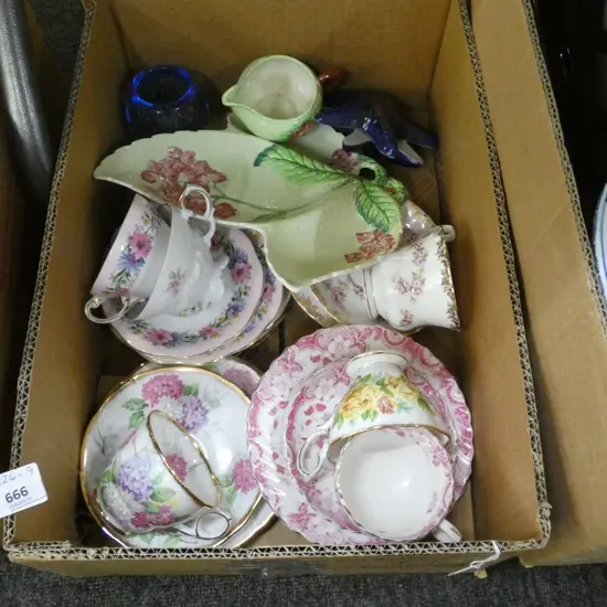 BOX LOT ASST CHINA; TRIOS / CARLTON WARE/ ROYAL ALBERT ETC..
