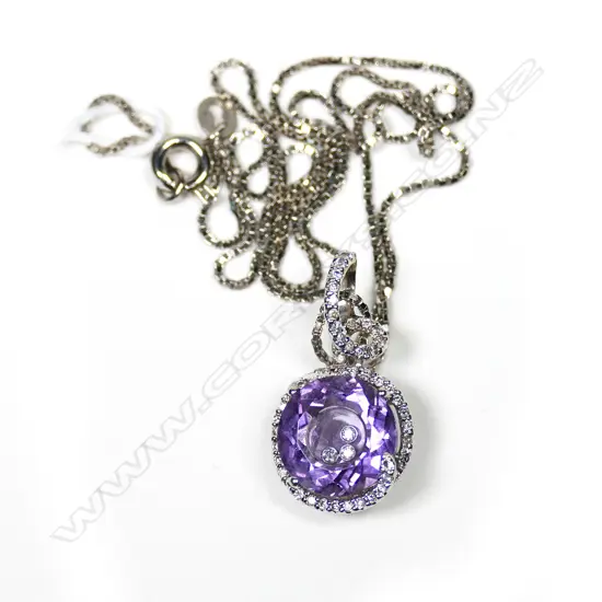 18CT WHITE GOLD & AMETHYST PENDANT & CHAIN...