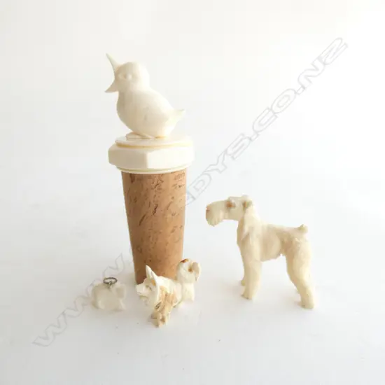 3 IVORY CARVINGS(2 DOGS (1A/F)& RHINO LARGEST H. 32MM) & IVORY CARVED BIRD  WINE STOPPER