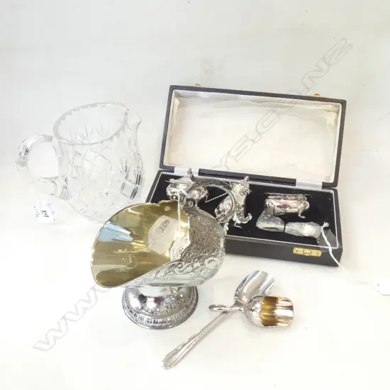 CRYSTAL JUG (H. 125) COAL SCUTTLE SUGAR BOWL +SCOOP & SPOON + BOXED 3PC SILVER PLATE & BLUE GLASS CONDIMENT SET